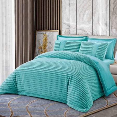 Lenjerii Cu Pilota Inclusa - Lenjerie de pat cu Pilota Inclusa , Cearceaf cu Elastic, 6 Piese, Blană de Iepure Artificială - Turcoaz