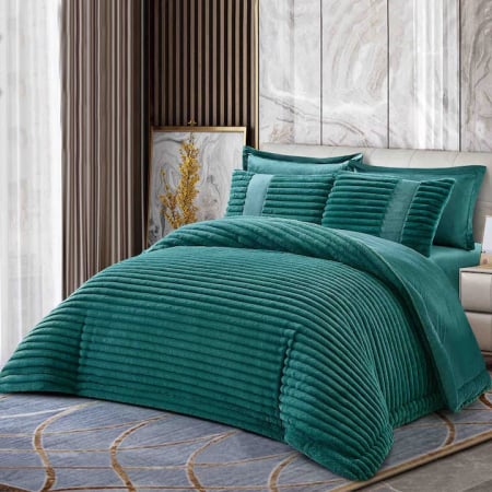 Lenjerii Cu Pilota Inclusa - Lenjerie de pat cu Pilota Inclusa , Cearceaf cu Elastic, 6 Piese, Blană de Iepure Artificială - Verde Smarald