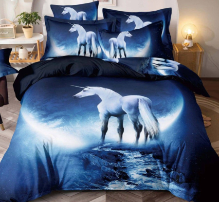 Lenjerie de Pat Bumbac Finet, Imprimeu 5D, Pat Dublu, 6 Piese - Bleumarin, Unicorni [1]