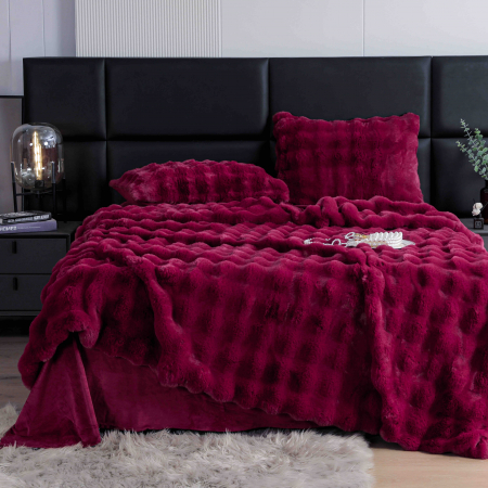 Lenjerii Cu Blanita Artificiala De Iepure - Lenjerie De Pat Pufoasa Rabbit Luxury Edition, 6 Piese, Visiniu, RL-LCI-9