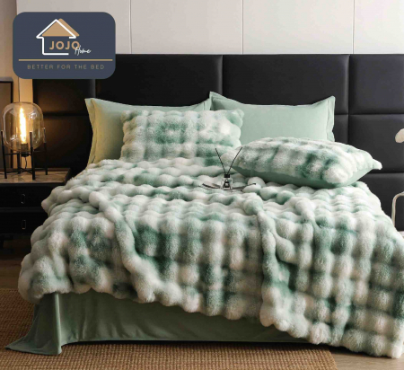 Lenjerii Cu Blanita Artificiala De Iepure - Lenjerie De Pat Pufoasa Rabbit Luxury Edition, 6 Piese, Verde Multicolor, RL-LCI-4