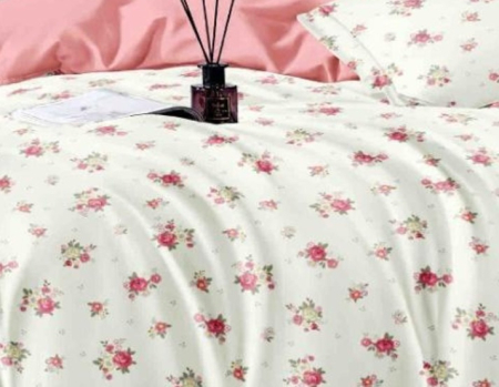 Lenjerie de Pat Bumbac Finet, Pat Dublu, 6 Piese, Model Flori - Crem/Roz [2]