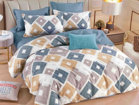 Lenjerie de Pat Bumbac Finet, Pat Dublu, 6 Piese - Bej/Albastru, Patchwork [1]