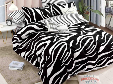 Lenjerie de Pat Bumbac Finet, Pat Dublu, 6 Piese - Alb/Negru, Zebra [1]