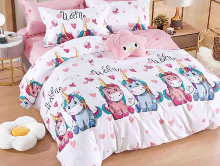 Lenjerie de Pat Bumbac Finet, Pat Dublu, 6 Piese - Roz, Unicorni [1]