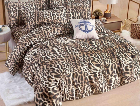Lenjerie de Pat Bumbac Finet, Pat Dublu, 6 Piese - Maro, Leopard [1]