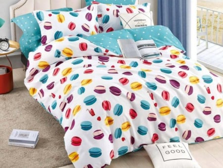 Lenjerie de Pat Bumbac Finet, Pat Dublu, 6 Piese - Alb/Multicolor [1]