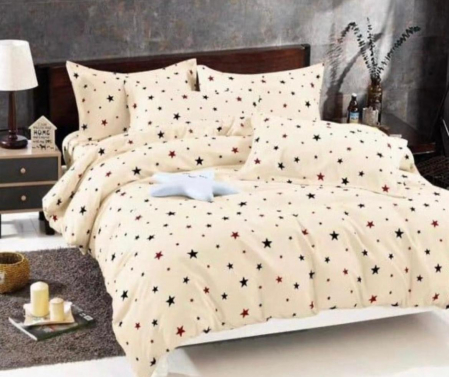 Lenjerii Bumbac Finet Fara Elastic - Lenjerie Din Bumbac Tip Finet 6 Piese Pentru Pat Dublu, Crem cu Stelute