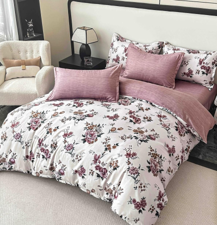 Oferta 2 Lenjerii Bumbac Finet La Doar 219 RON - Lenjerie de Pat Bumbac Finet, Pat Dublu, 6 Piese - Alb/Mov, Trandafiri