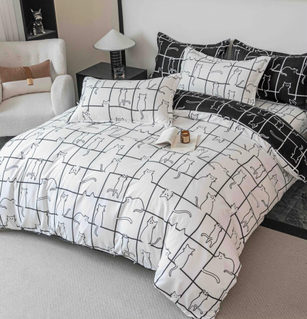 Oferta 2 Lenjerii Bumbac Finet La Doar 219 RON - Lenjerie de Pat Bumbac Finet, Pat Dublu, 6 Piese - Alb/Negru, Carouri