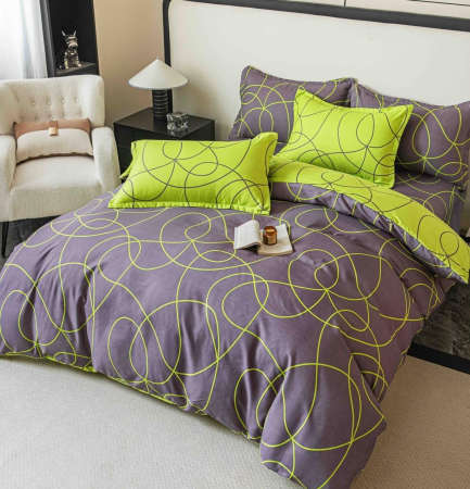 Oferta 2 Lenjerii Bumbac Finet La Doar 219 RON - Lenjerie de Pat Bumbac Finet, Pat Dublu, 6 Piese - Mov/Verde, Linii