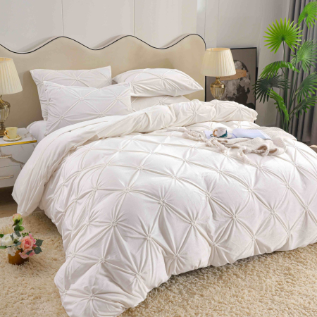 Lenjerii Catifea - Lenjerie Din Catifea Cu Elastic, cu pliuri brodate, 4 piese, Alba, RL-LCJ-12