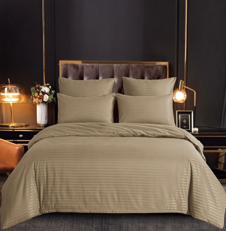 Cearceaf Pat Cu Elastic - Lenjerie pat dublu 100% Damasc PREMIUM, Cu Elastic, 6 Piese - Bej