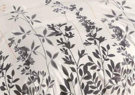 Lenjerie de Pat Bumbac Finet, Pat Dublu, 6 Piese, Cearceaf cu Elastic - Crem, Frunze Gri [2]