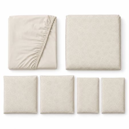 Lenjerie de Pat Bumbac Finet cu Elastic, Pat Dublu, 6 Piese, cu Model - Crem [1]