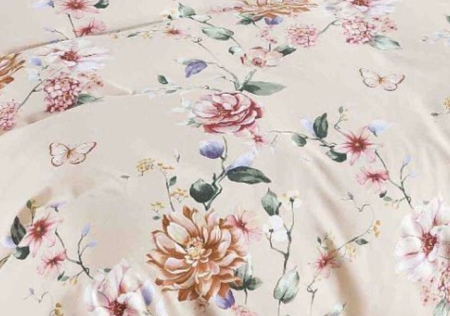Lenjerie de Pat Bumbac Finet cu Elastic, Pat Dublu, 6 Piese - Crem, Flori [2]