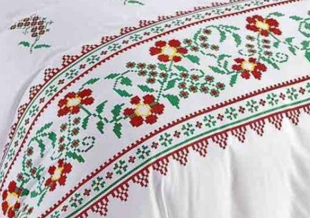Lenjerie de Pat Bumbac Finet, Pat Dublu, 6 Piese, Cearceaf cu Elastic - Alb, Flori Traditionale [2]