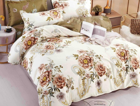 Lenjerie de Pat Bumbac Finet, Pat Dublu, 6 Piese, Cearceaf cu Elastic - Crem, Trandafiri Bej [1]
