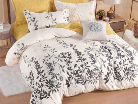 Lenjerie de Pat Bumbac Finet, Pat Dublu, 6 Piese, Cearceaf cu Elastic - Crem, Frunze Gri [1]