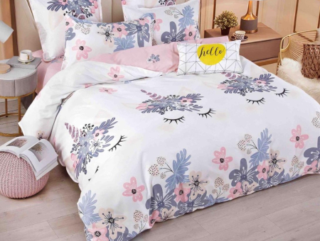 Lenjerie de Pat Bumbac Finet cu Elastic, Pat Dublu, 6 Piese - Alb/Lila, Flori [1]