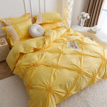 Lenjerie de Pat Bumbac Soft Touch, Pat Dublu, 6 Piese, cu Pliuri Brodate - Galben [2]