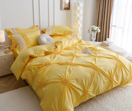 Lenjerie de Pat Bumbac Soft Touch, Pat Dublu, 6 Piese, cu Pliuri Brodate - Galben [3]
