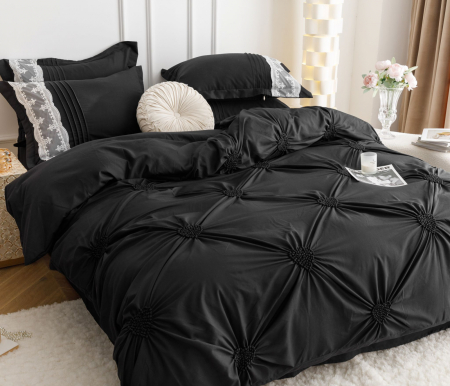 Lenjerie de Pat Bumbac Soft Touch, Pat Dublu, 6 Piese, cu Pliuri Brodate - Negru [1]