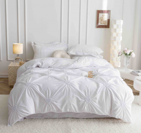 Lenjerii Bumbac Finet Premium - Lenjerie Pat Dublu, Bumbac Soft Touch, 6 piese, cu Pliuri Brodate - Alb