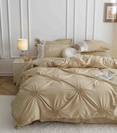 Lenjerie Pat Dublu, Bumbac Soft Touch, 6 piese, cu Pliuri Brodate - Bej [1]