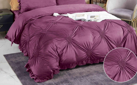 Lenjerie de Pat Catifea Deluxe, Pat Dublu, 4 Piese, cu Pliuri Brodate - Mov [1]