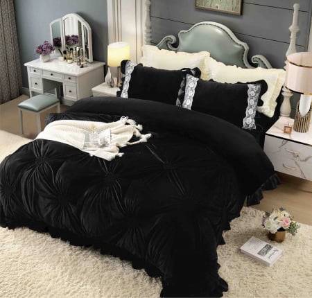 Lenjerii Din Catifea - Lenjerie pat dublu, Catifea Deluxe, cu pliuri brodate, 4 piese, Negru, RL-LCJ-10