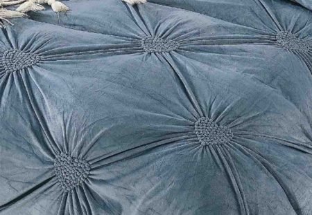 Lenjerie de Pat Catifea, Pat Dublu, 4 Piese, cu Pliuri, Brodata - Albastru [2]