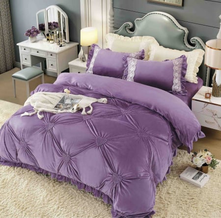 Lenjerii Catifea - Lenjerie pat dublu, Catifea Deluxe, cu pliuri brodate, 4 piese, Mov, RL-LCJ-8