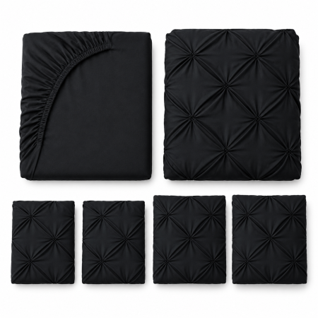 Lenjerie de Pat Bumbac Finet cu Pliuri, Pat Dublu, 6 Piese, Cearceaf cu Elastic - Negru [1]