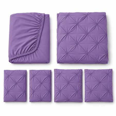 Lenjerie de Pat Bumbac Finet cu Pliuri, Pat Dublu, 6 Piese, Cearceaf cu Elastic - Lila [1]