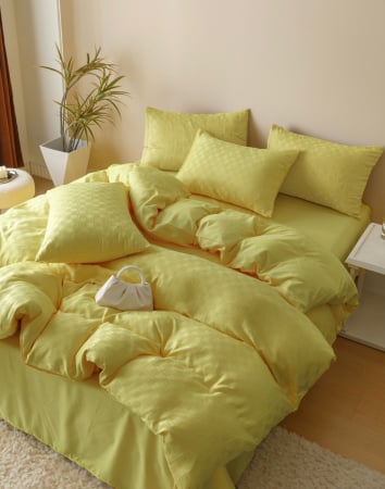 Lenjerii Jacquard Finetat - Lenjerie de Pat Bumbac Finet Jacquard, Pat Dublu, 6 Piese - Galben