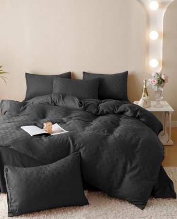 Lenjerie de Pat Bumbac Finet Jacquard, Pat Dublu, 6 Piese - Negru [3]
