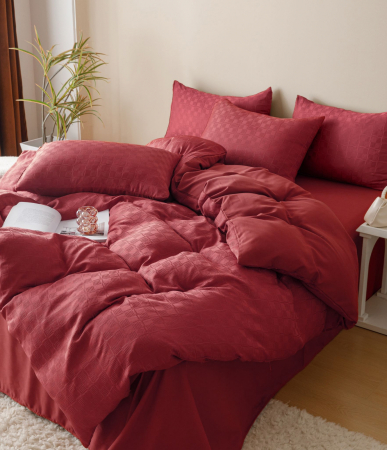 Lenjerii Jacquard Finetat - Lenjerie de Pat Bumbac Finet Jacquard, Pat Dublu, 6 Piese - Rosu