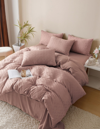 Lenjerii Jacquard Finetat - Lenjerie de Pat Bumbac Finet Jacquard, Pat Dublu, 6 Piese - Roz Pudra