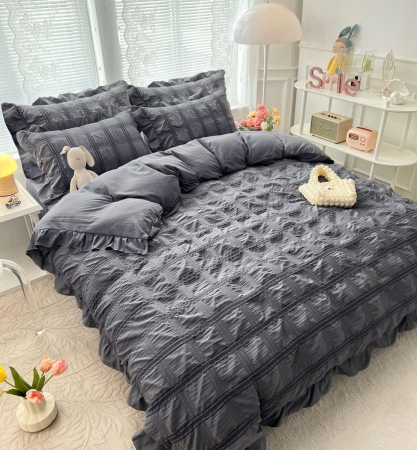 Lenjerii De Pat Creponate - Set Lenjerie de Pat 2 Persoane Bumbac Finet Creponata Uni cu Volanase, 6 Piese - Gri Inchis