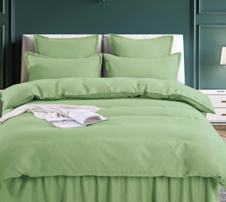 Lenjerie de Pat Bumbac Finet Uni cu Volanase, Pat Dublu, 6 Piese - Verde Deschis [1]