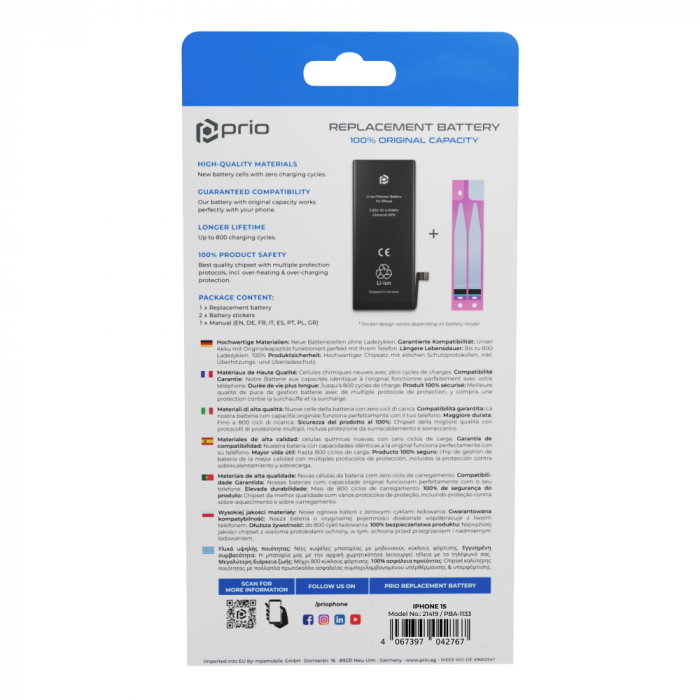 Acumulator Prio compatibil cu iPhone 15, banda adeziva inclusa (Universal APN) [5]