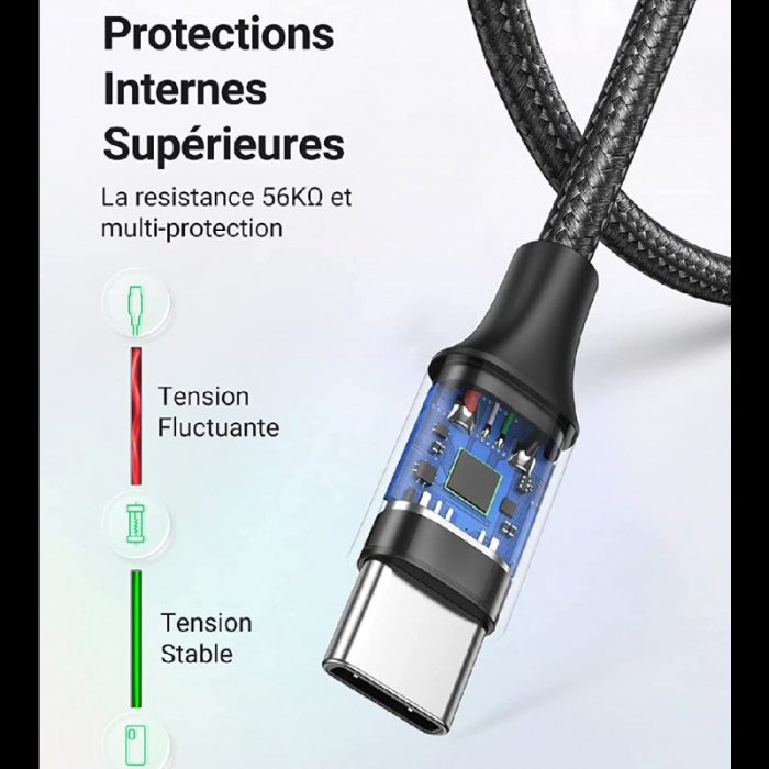 CABLU alimentare si date Ugreen, "US288", Incarcare Rapida, USB la USB Type-C 3A, nickel plating, braided, 1m, alb [3]