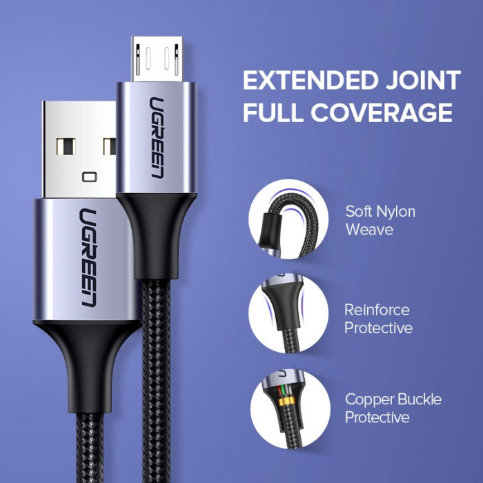 CABLU alimentare si date Ugreen, "US290", Incarcare Rapida, USB la Micro-USB, braided, 1m, Negru [2]