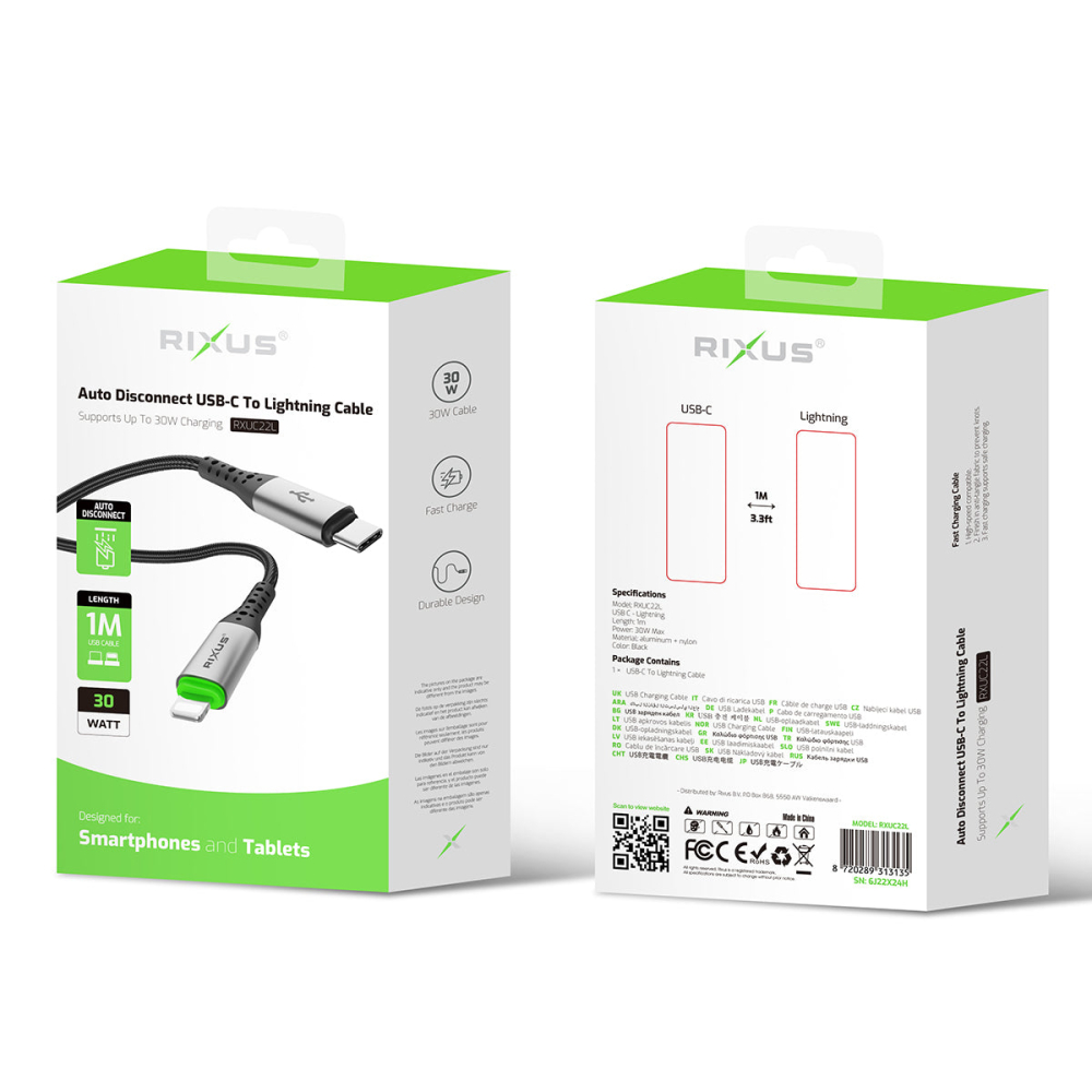 Cablu USB-C la Lightning Rixus RXUC22L, Oprire Automata la Incarcare Completa, 30W, 1m, Negru [4]