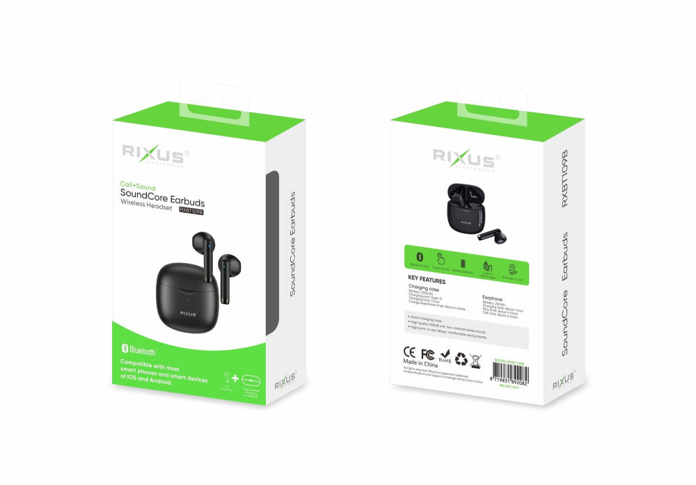 Casti Bluetooth Rixus Soundcore Negre cu Carcasa de Incarcare, RXBT109B [3]