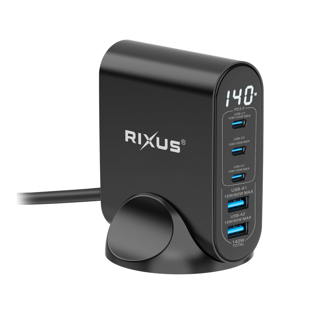 Incarcator retea Rixus 140W GaN cu display digital USB-C + USB-A negru, RX140 [2]