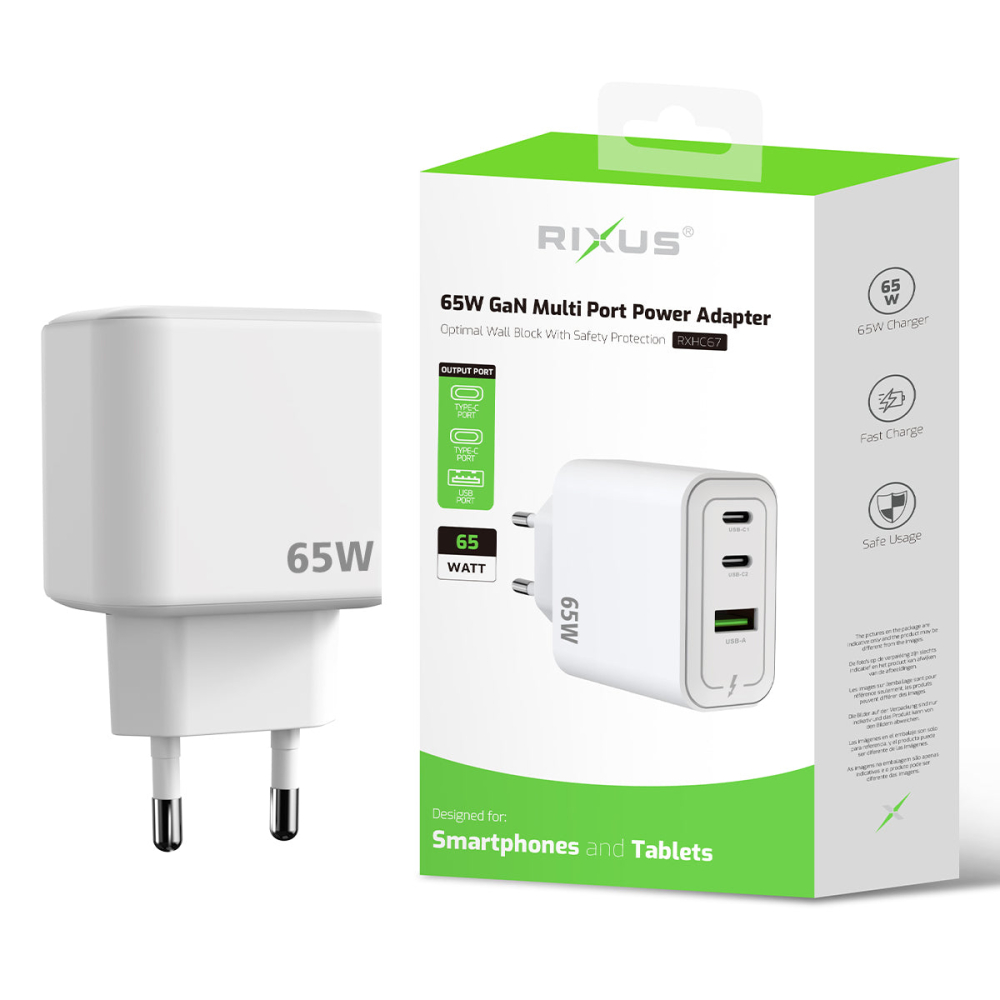 Incarcator retea Rixus 65W GaN USB-C + USB-A multi port alb (RXHC67) [5]