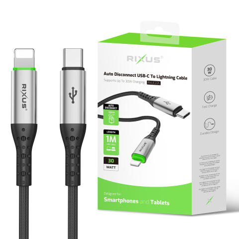 Cablu USB-C la Lightning Rixus RXUC22L, Oprire Automata la Incarcare Completa, 30W, 1m, Negru [2]