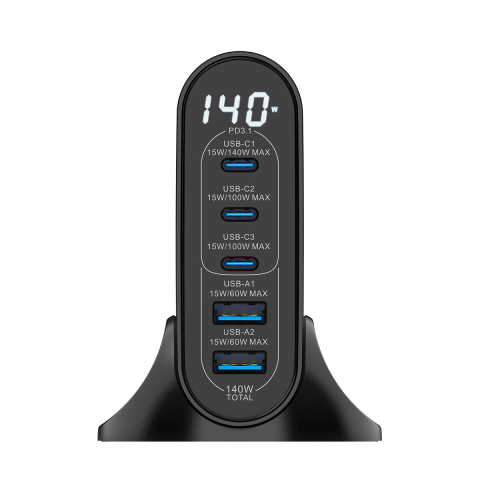 Accesorii - Incarcator retea Rixus 140W GaN cu display digital USB-C + USB-A negru, RX140